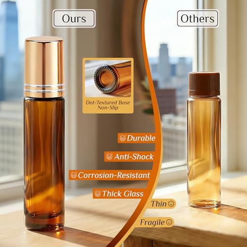 PrettyCare 4 Pack Amber Glass Oil Roller Bottles for Essential - Product Imagery