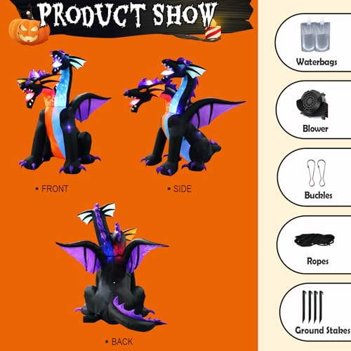 7FT Tall Halloween Inflatables Dragon with 2 Heads, Fire and Ice - Product Imagery