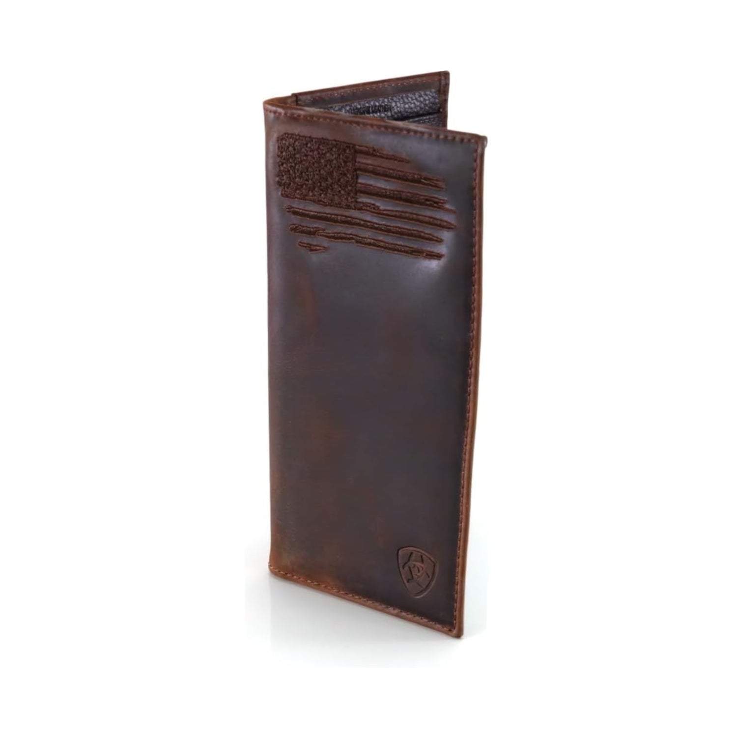 Elefair ARIAT men's genuine leather rodeo wallet with distressed USA flag design and shield logo, brown color.