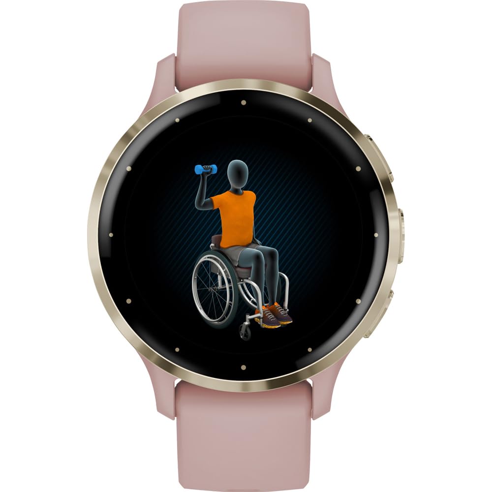 Refurbished Garmin Venu 3S smartwatch with soft gold stainless steel bezel, 1.2-inch AMOLED display, rose case, and band.
