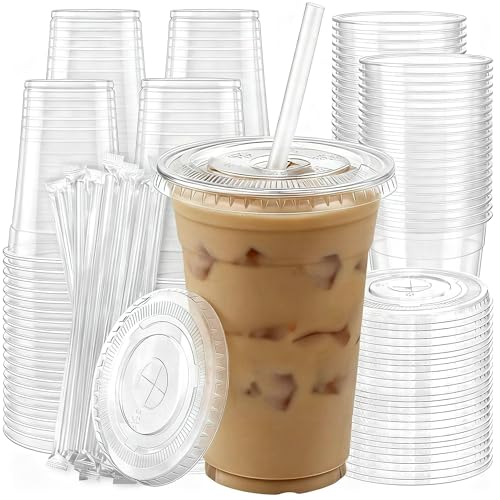 100 Pack 16 oz Plastic Cups with Lids and Straws, Clear - Product Imagery