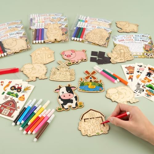 24 Pcs Farm Animal Party Favors, DIY Wooden Painting Crafts Kit - Product Imagery