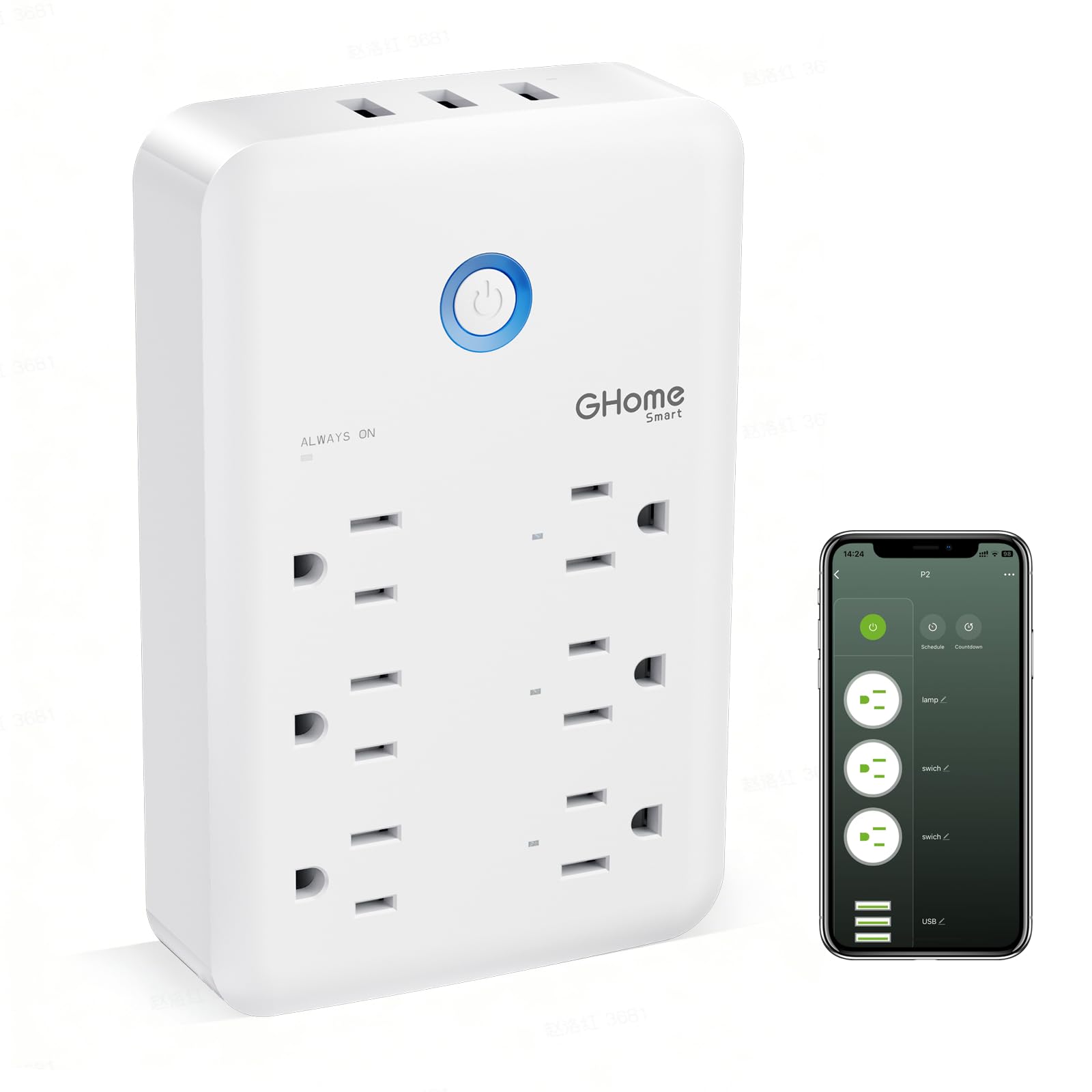 GHome Smart Plug Outlet Extender, USB Wall Charger with 3 Individ - GHome Smart Official Product View 1