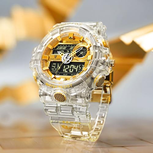 PINDOWS Analog Digital Watch for Men, Clear and Gold, 50M Water - Product Imagery