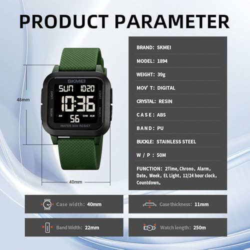 SKMEI Watches for Men,Military Square Ultra-Thin Digital Women - Product Imagery