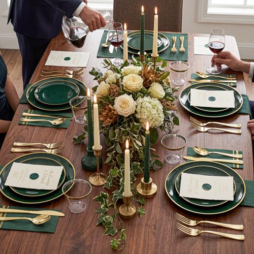 350PCS Green Plastic Plates - Disposable Green Gold Dinnerware - Product Imagery