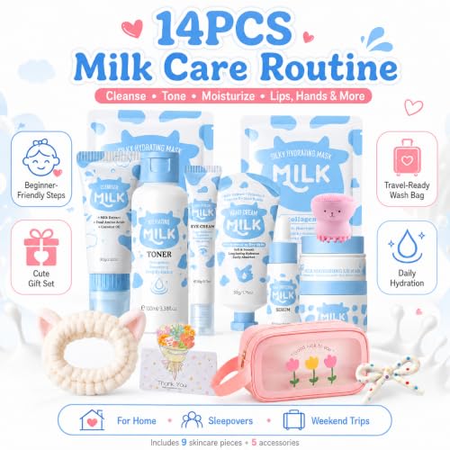 14PCS Milk Skincare Set for Kids - Skincare for Girls 10-12, - Product Imagery