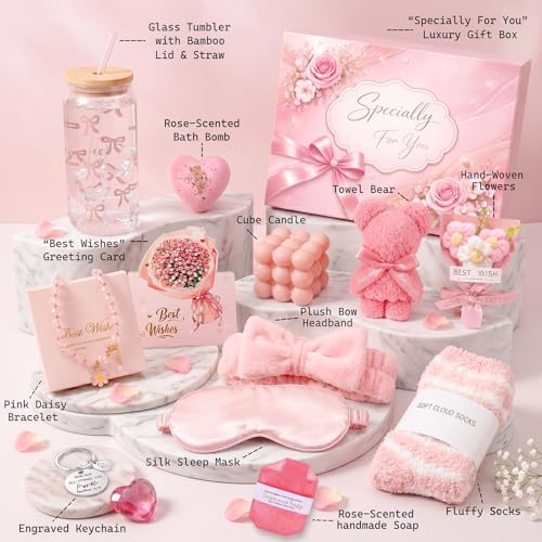 Pink Spa Gift Basket for Women, Birthday Self Care Gifts for Her - Product Imagery
