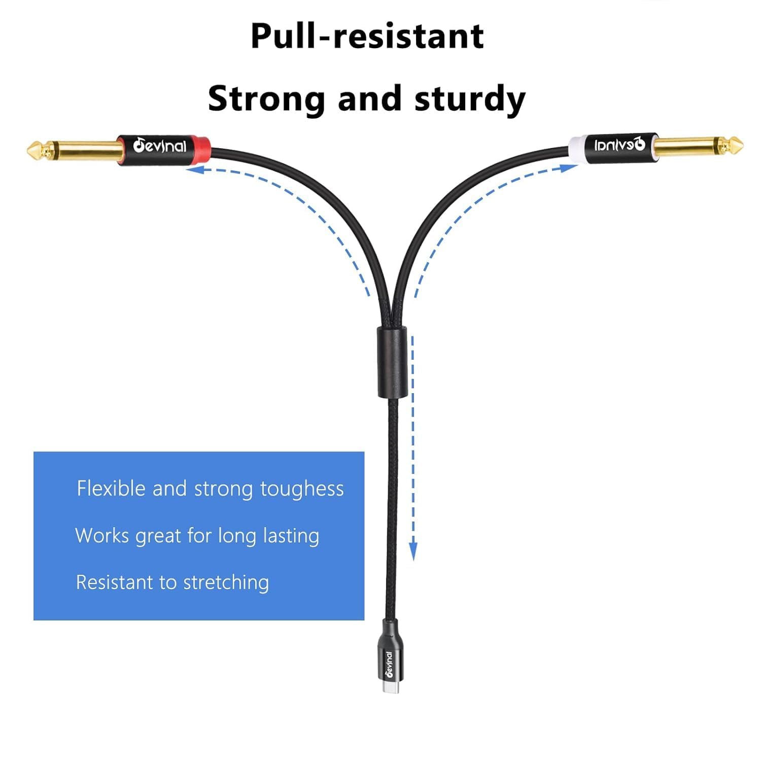 Devinal USB C to 1/4" inch Audio Cable, Type C to Dual 6.35mm TRS by Devinal - Angle View 6