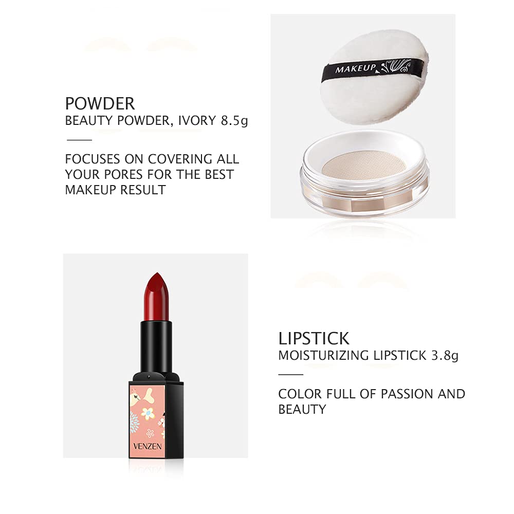VENZEN Makeup Gift Set Ivory Cream Powder Red Lipstick Kit - VENZEN Official Imagery - 4