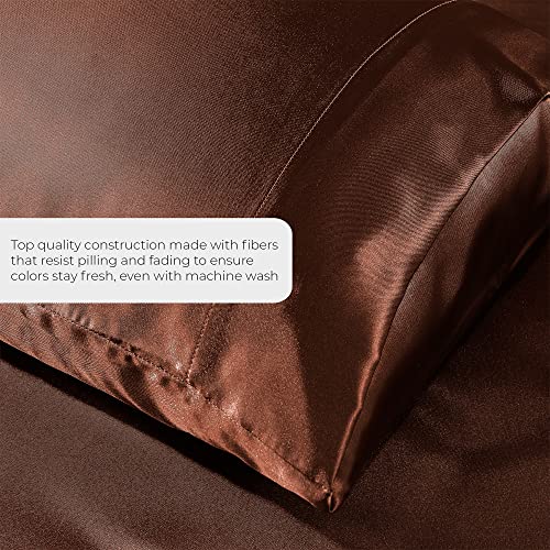 Satin Sheets Full [4-Piece, Brown] Hotel Luxury Silky Bed Sheets - Product Imagery