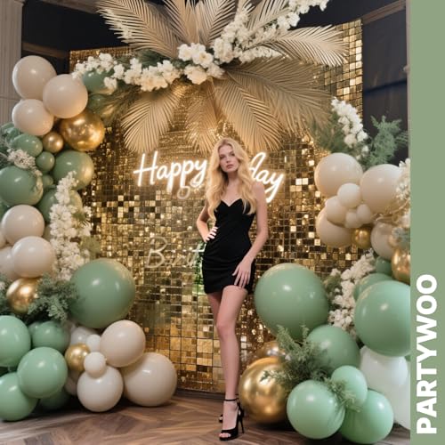 PartyWoo Sage Green Balloons 66pcs 12 Inch Gold White Brown Gold - Product Imagery