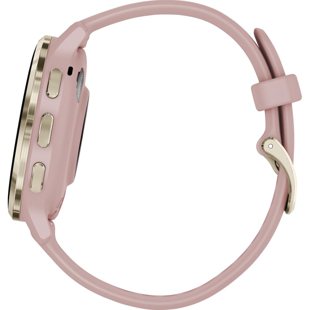 Garmin Venu 3S refurbished smartwatch with soft gold stainless steel bezel, 1.2-inch AMOLED display, 41mm rose case and band.