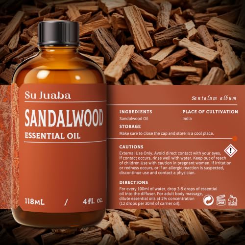 SU JUABA Sandalwood Essential Oil for Diffuser, Skin & Body, DIY - Product Imagery