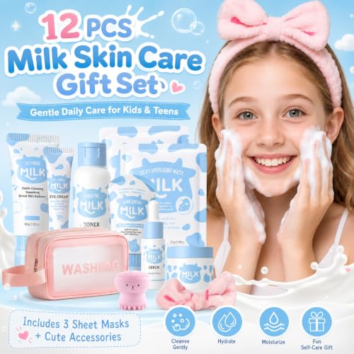 Milk Skin Care Set for Kids & Teens, 12 IN 1 Moisturizing Milk - Product Imagery