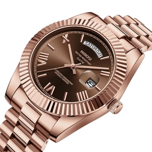 NIBOSI Men's Analog Quartz Watch, Rose Gold Stainless Steel, Day - Product Imagery