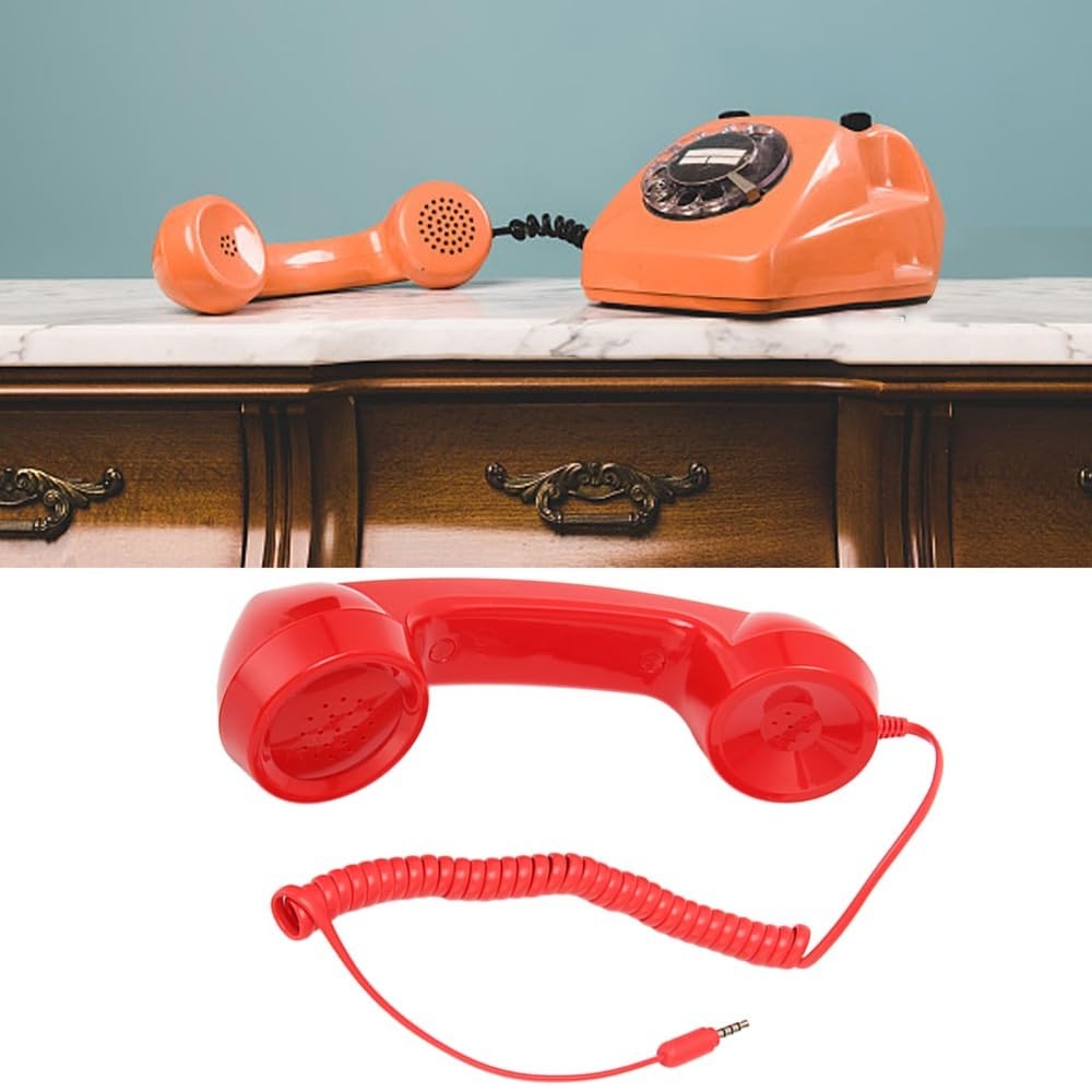 MOPFOL retro red phone handset with coiled cord and 3.5mm jack, vintage style anti-radiation headphones for smartphones and computers