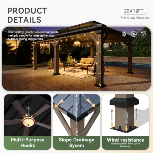 Aoxun 20' x 12' Outdoor Wood Gazebo, Hardtop Gazebo Permanent - Product Imagery