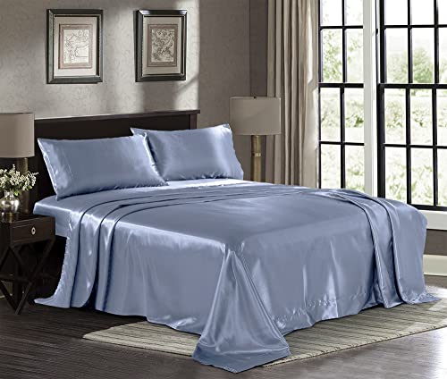 Satin Sheets Twin [3-Piece, Skyblue] Hotel Luxury Silky Bed - Product Imagery