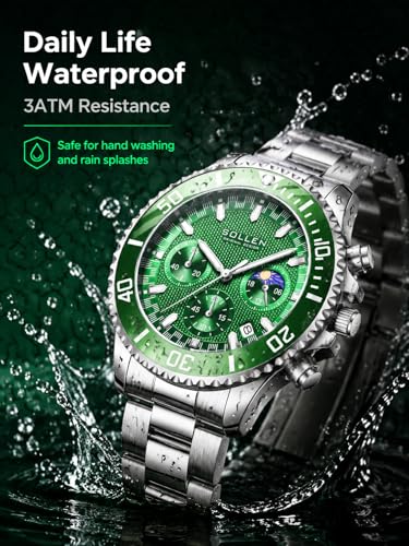 Green Men's Chronograph Watch, Dress Classic Analog Moon Phase - Product Imagery