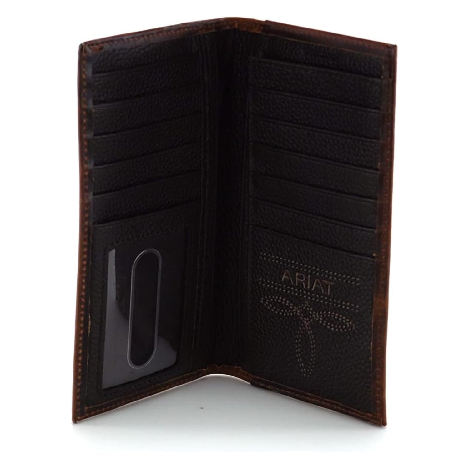 Brown genuine leather ARIAT men's rodeo wallet with distressed USA flag design and shield logo, crafted by Elefair.