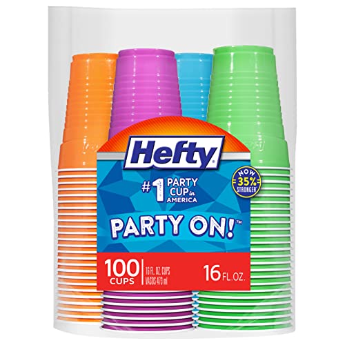 Hefty Party On Disposable Plastic Cups, Assorted, 16 Ounce, 100 - Product Imagery
