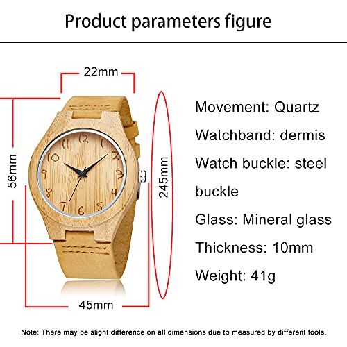Tiong Men's Quartz Wooden Watch, Square Dial Leather Strap, - Product Imagery