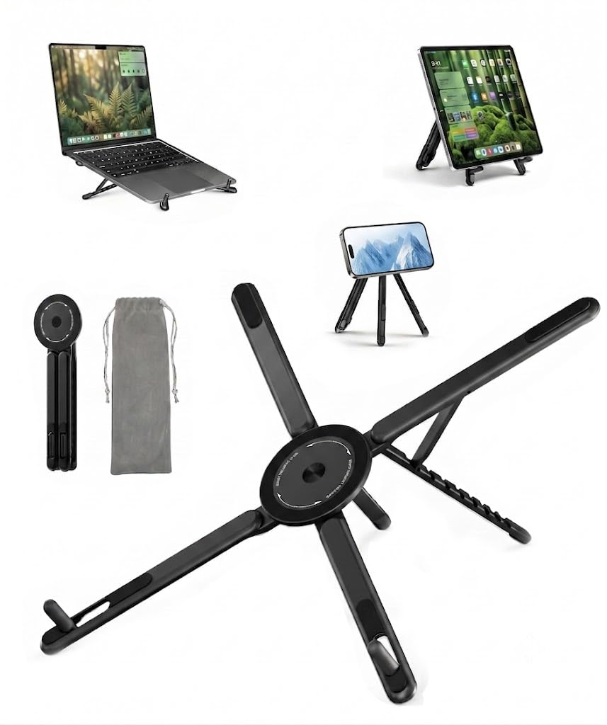 GENTERUN 3-in-1 laptop stand with magnetic phone holder, adjustable aluminum riser for MacBook and iPhone, portable desk accessory