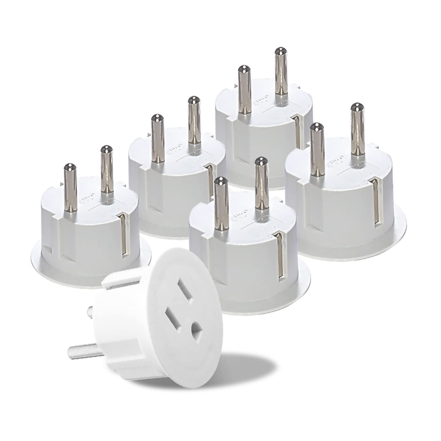 OREI American to European Type E/F Schuko plug adapter for mobile, laptop, and camera chargers in Germany, France, and Europe.