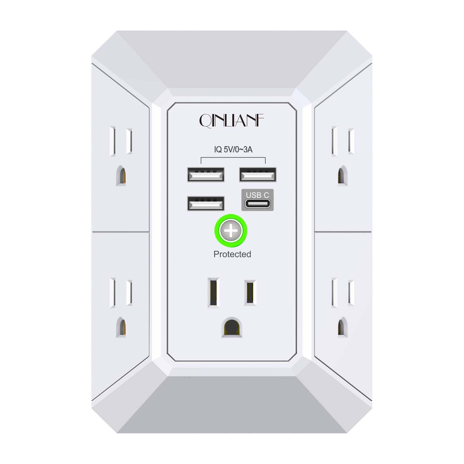 Wall Charger, Surge Protector, QINLIANF 5 Outlet Extender with 4 - Product Imagery