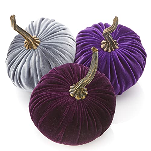 Set of 3 Small Velvet Pumpkins, Halloween indoor decor, purple - Product Imagery