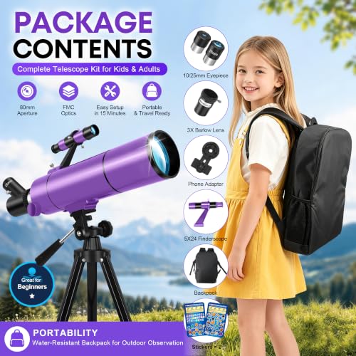 Telescope for Kids & Adults, 80mm 500mm Portable Refractor, - Product Imagery