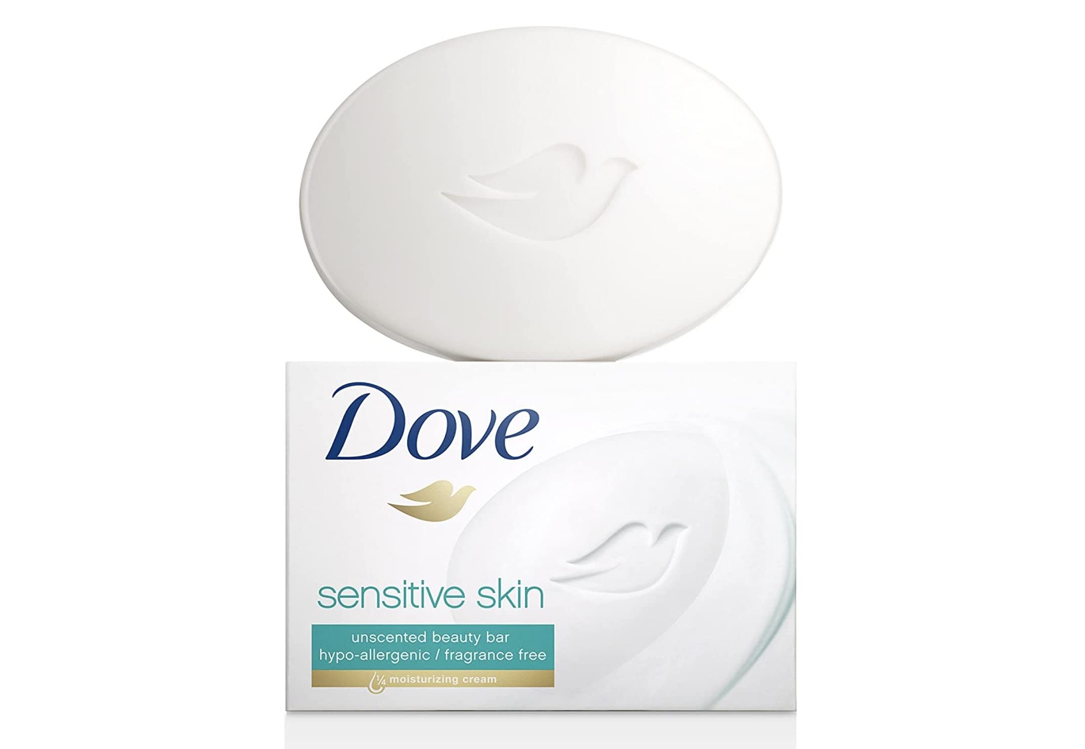 Dove Sensitive Skin Beauty Bar cleanser with moisturizing cream, fragrance-free, hypoallergenic, 2.6 oz bar for gentle skin care