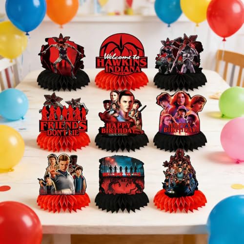 9Pcs Stranger Birthday Party Supplies, Honeycomb Centerpieces - Product Imagery
