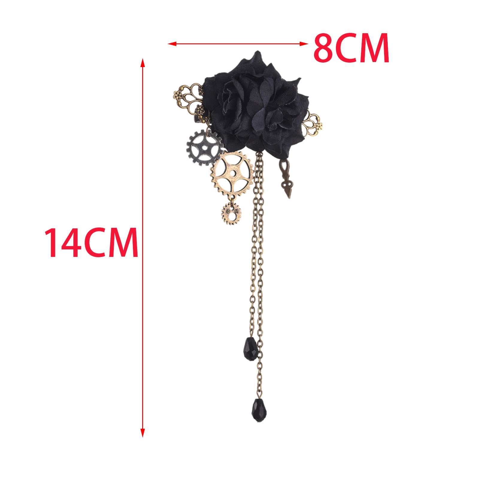 Gold steampunk tassel chain rose hair clip brooch with decorative tassels and intricate design, suitable as an apparel pin accessory.