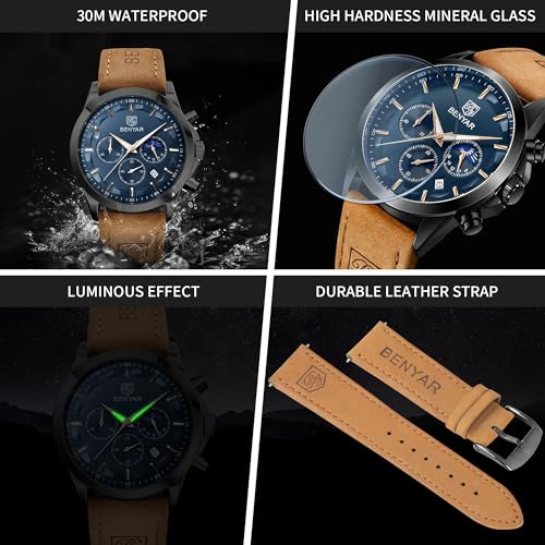 BENYAR Mens Watches Analog Quartz Chronograph Waterproof Wrist - Product Imagery