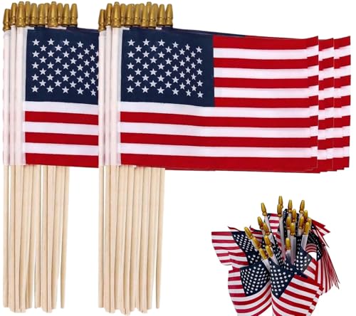 30 Packs 8x12 Inch Small American Flags on Stick, USA Wood Stick - Product Imagery