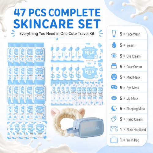 47 PCS Milk Travel Skincare Set, Mini Skin Care Kit for Women, - Product Imagery