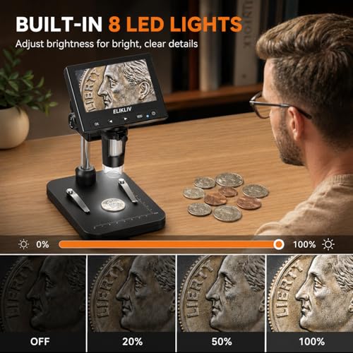 Elikliv Coin Microscope, 4.3'' LCD Digital Microscope 1000x - Product Imagery