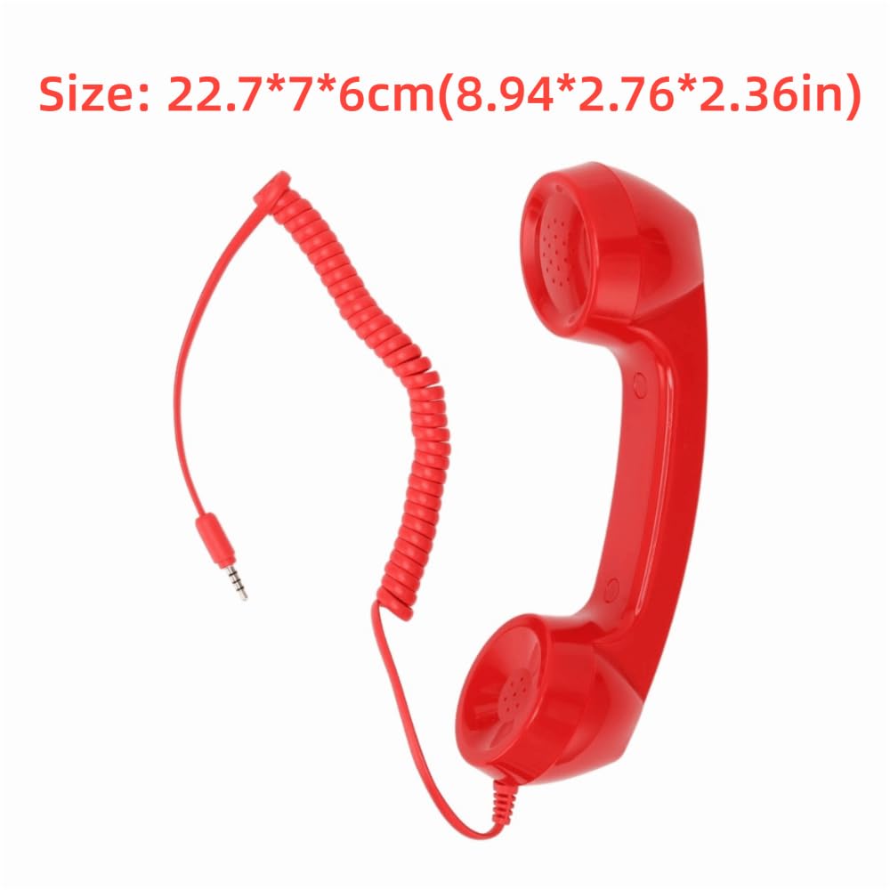Red MOPFOL retro phone handset with coiled cord and 3.5mm jack, vintage-style anti-radiation design for smartphones and computers.