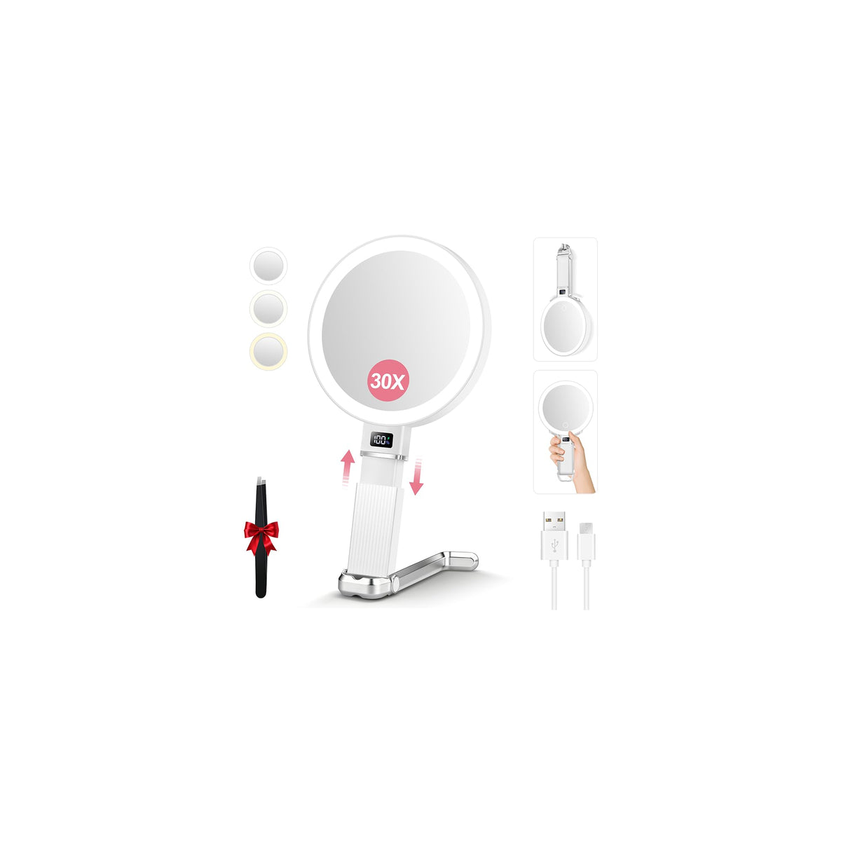 30X Travel Magnifying Mirror with Light Height Adjustable - MOMOKUBA Official Imagery - 2