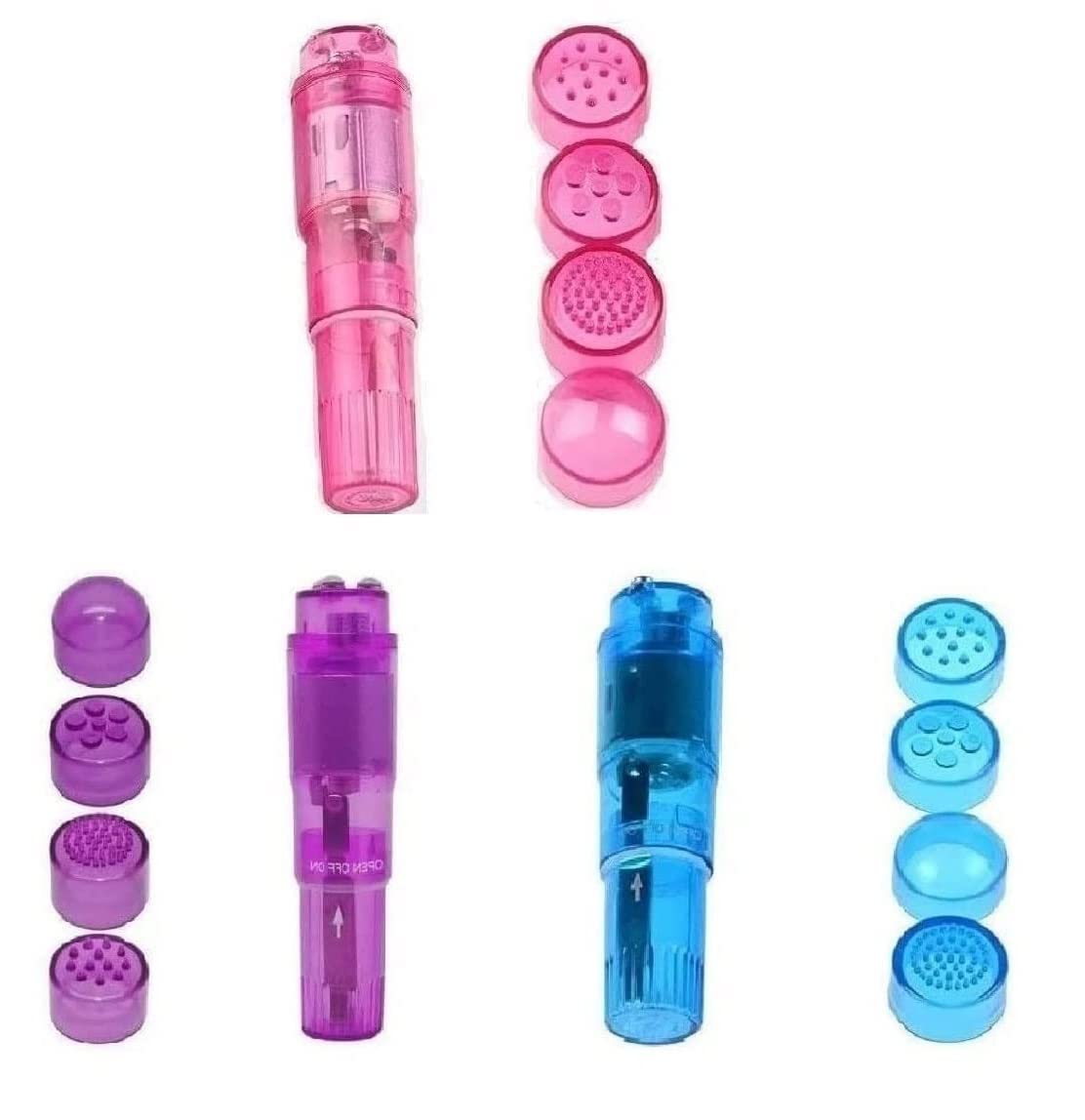 Small Mini Vibrating Massager Handheld Portable Tool for Women with 4 Heads Pocket Pen for Face Neck Head Back and Shoulder Pink Purple and Blue - Finever Official Product View 1