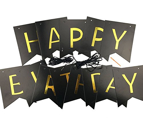 Black Happy Birthday Bunting Banner with Shiny Gold Letters - Product Imagery