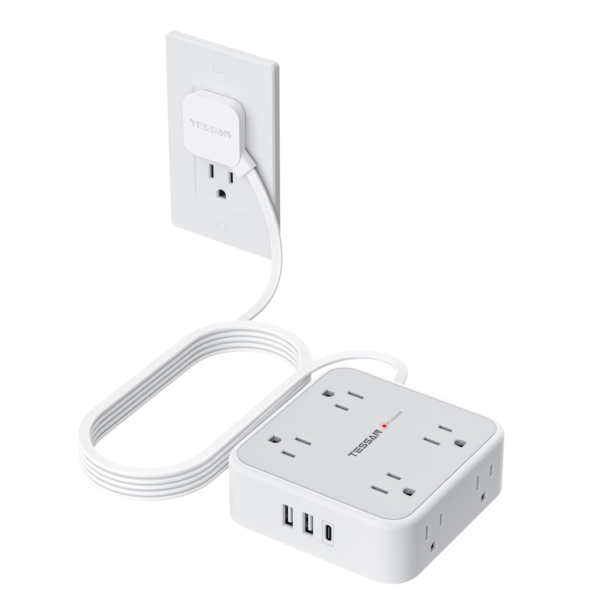 TESSAN grey surge protector power strip with 10-foot cord and 900J surge protection, suitable for multiple electronic devices.