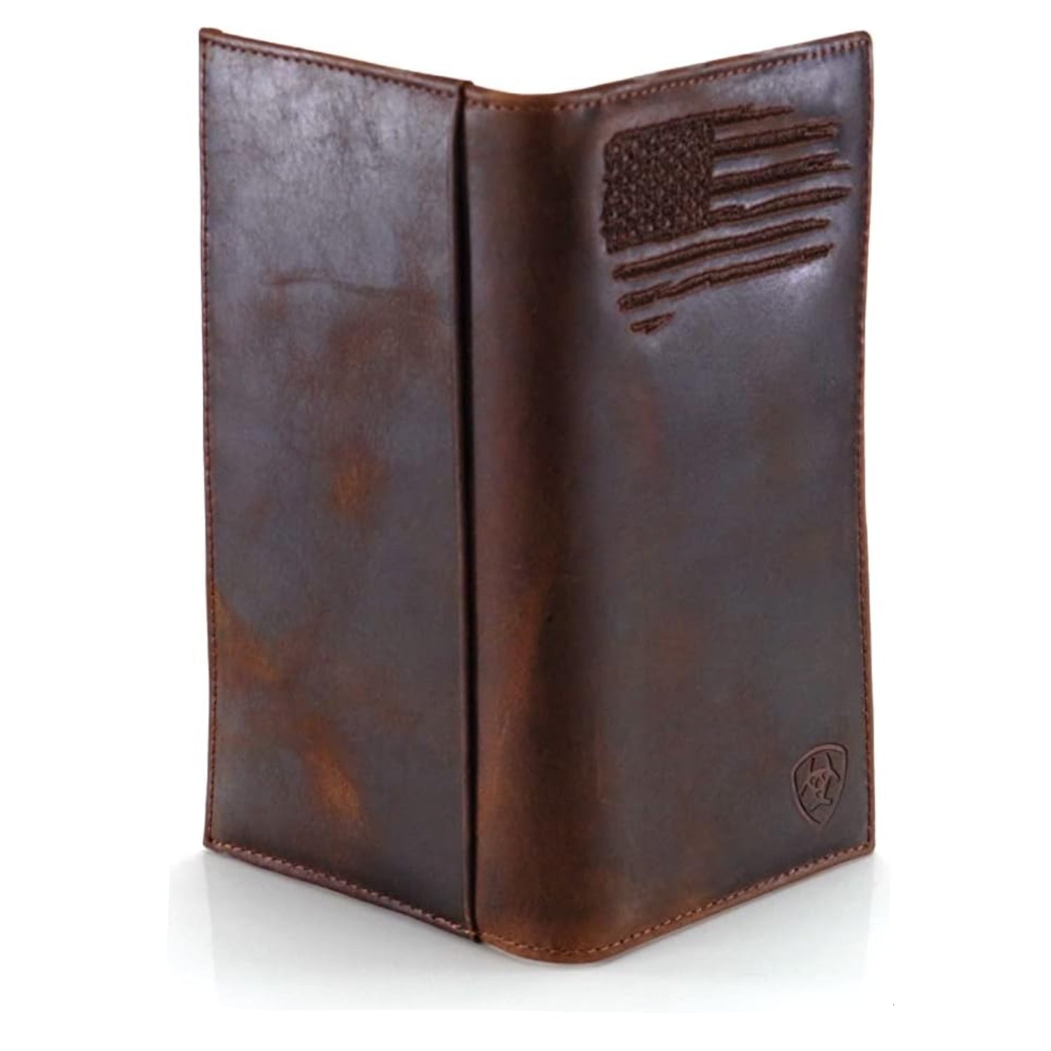 Brown genuine leather ARIAT men's rodeo wallet with distressed USA flag design and shield logo, by Elefair.