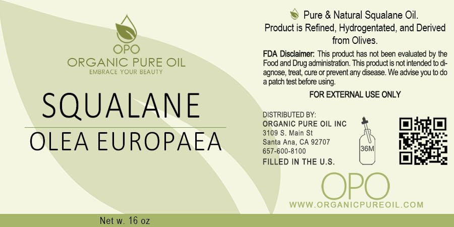 OPO Squalane Oil - Pure, Natural, Plant-Derived, Non GMO, - Product Imagery