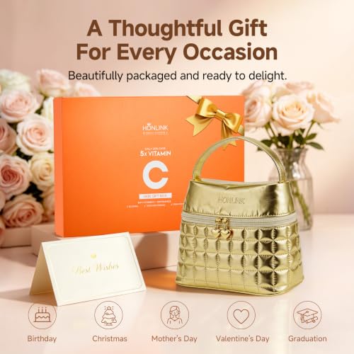 Vitamin C Skincare Gift Set Bundle + Gold Cosmetic Bag for Her - Product Imagery