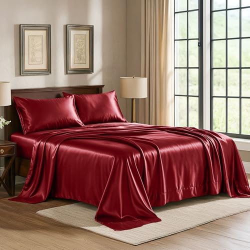 Satin Sheets Twin [3-Piece, Burgundy] Hotel Luxury Silky Bed - Product Imagery