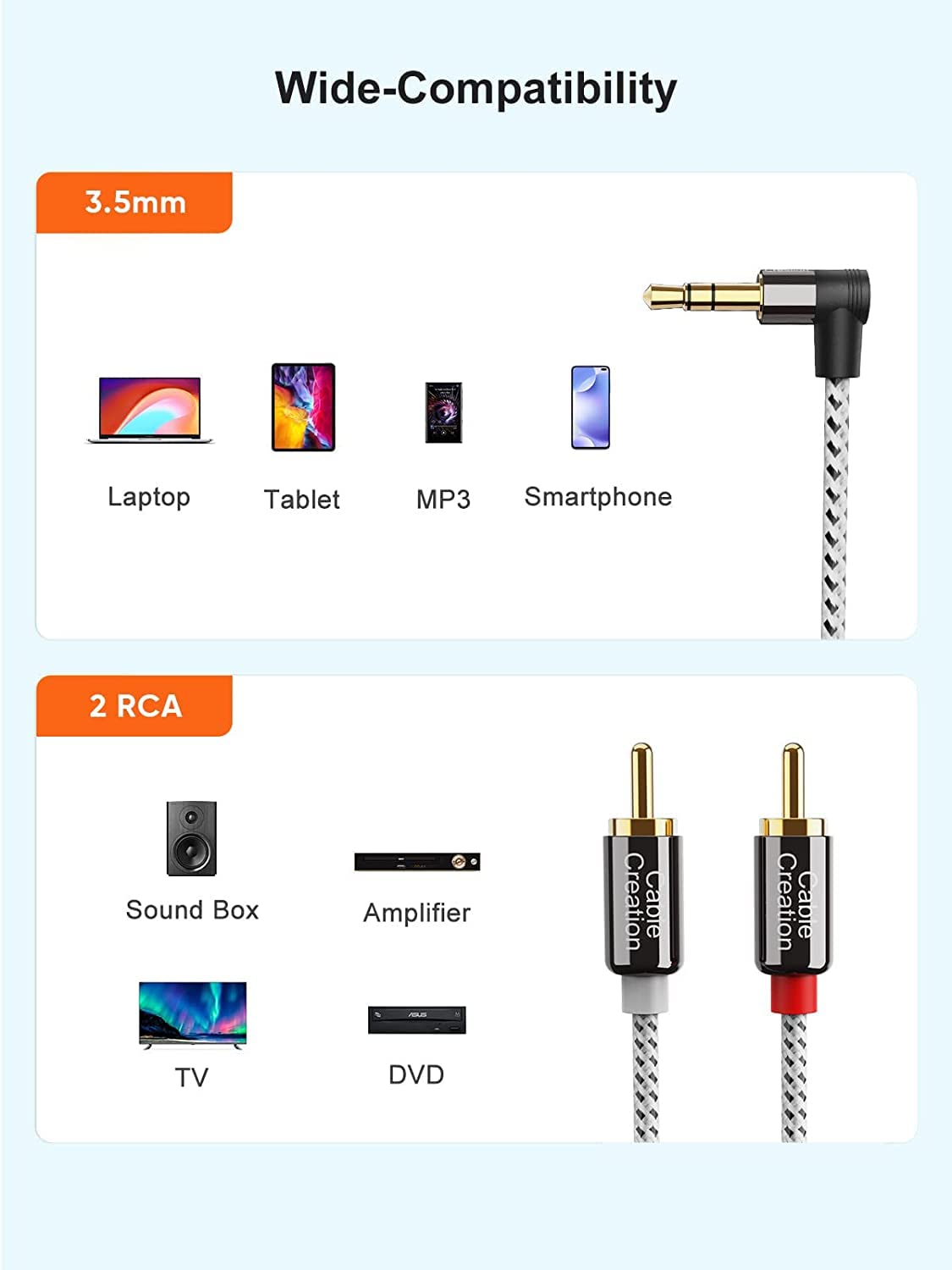 CableCreation 3.5mm to RCA Cable, Angle 3.5mm Male to 2RCA Male A by CableCreation - Angle View 6