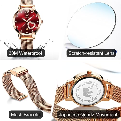 OLEVS Women's Rose Gold Watch, Small Wrist Heart Diamond Mesh - Product Imagery